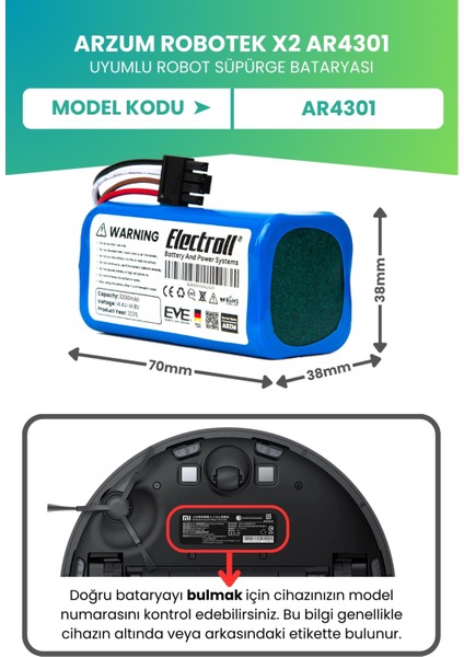 Arzum Robotek X2 AR4301 Uyumlu Batarya (Ultra Yüksek Kapasite) 3200MAH Pil Robot Süpürge Bataryası fiyatları