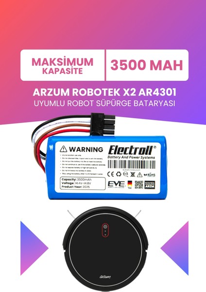 Arzum Robotek X2 AR4301 Uyumlu Batarya (MAKSİMUM KAPASİTE) 3500MAH Pil Robot Süpürge Bataryası