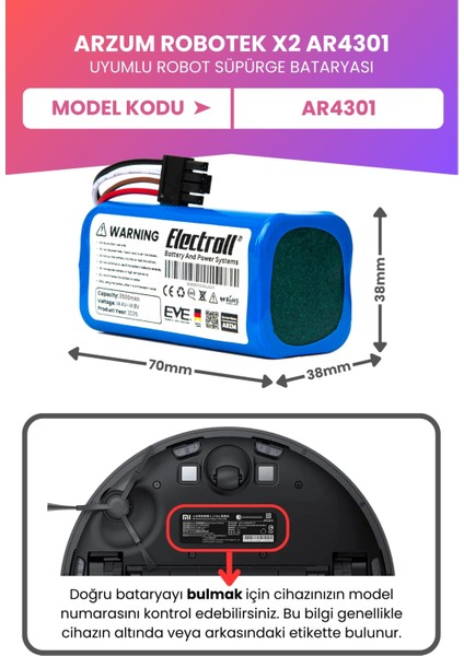 Arzum Robotek X2 AR4301 Uyumlu Batarya (MAKSİMUM KAPASİTE) 3500MAH Pil Robot Süpürge Bataryası fiyatları