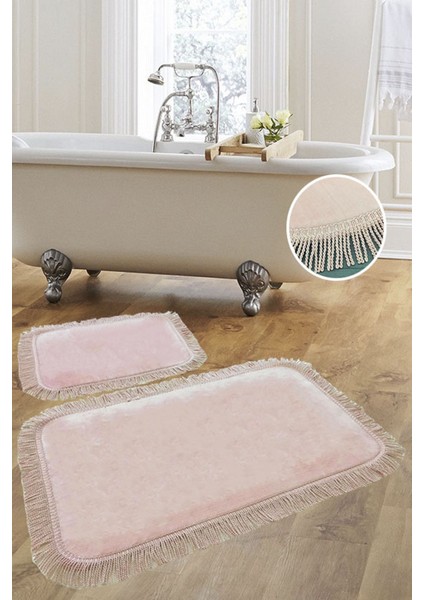 Shareton Köşeli Pudra 2'li Banyo Paspası Seti Burgu Saçaklı Püsküllü Klozet Takımı