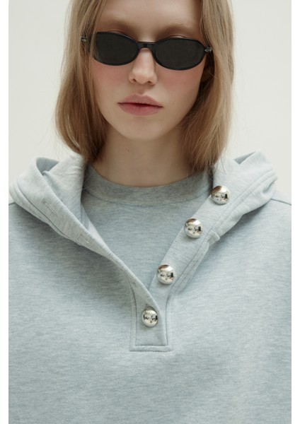 Gri Gala Düğmeli Oversize Sweat