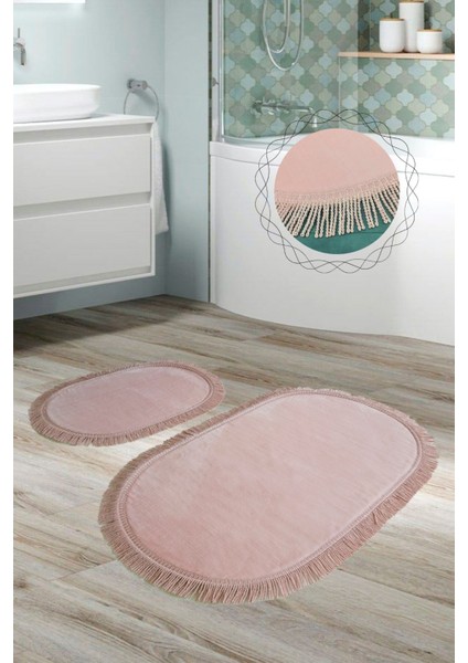 Shareton Oval Pudra 2'li Burgu Saçaklı Banyo Paspası Seti Püsküllü Kaymaz Klozet Takımı