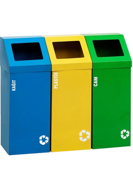 Metal 3'lü Geri Dönüşüm Sıfır Atık Kutusu Elektrostatik Toz Boyalı (Plastik-Kağıt-Cam)