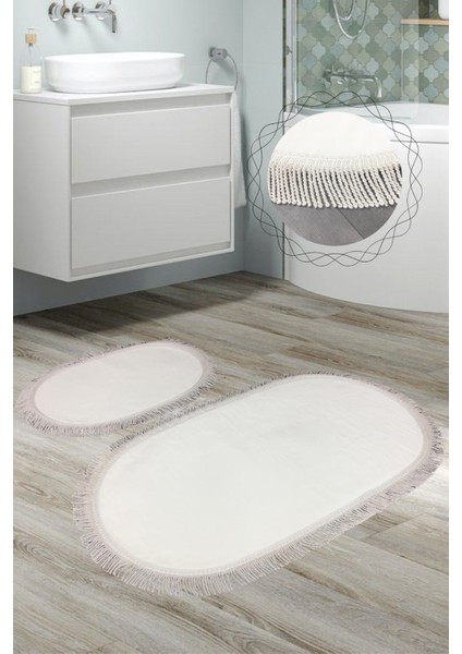 Shareton Oval Krem 2'li Burgu Saçaklı Banyo Paspası Seti Püsküllü Kaymaz Klozet Takımı