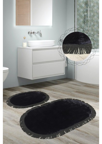 Shareton Oval Siyah 2'li Burgu Saçaklı Banyo Paspası Seti Püsküllü Kaymaz Klozet Takımı fırsatları
