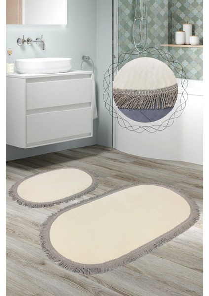 Shareton Oval Vizon 2'li Burgu Saçaklı Banyo Paspası Seti Püsküllü Kaymaz Klozet Takımı