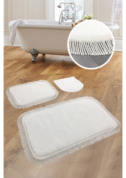 Shareton Köşeli Krem 3'lü Banyo Paspası Seti Burgu Saçaklı Püsküllü Çeyizlik Klozet Takımı