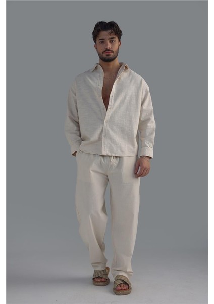 Erkek Keten Basic Oversize Gömlek Krem