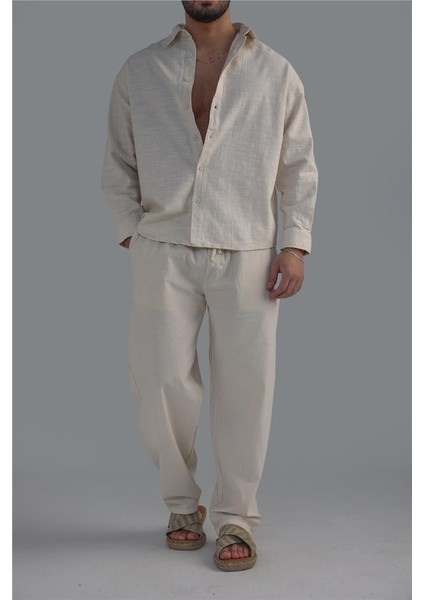 Erkek Keten Basic Oversize Gömlek Krem