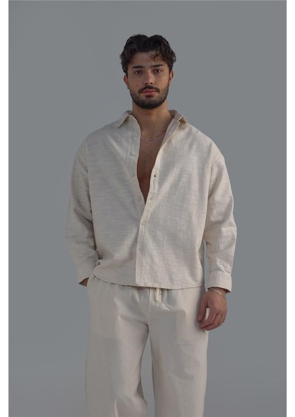 Erkek Keten Basic Oversize Gömlek Krem