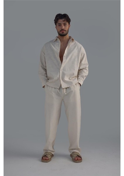 Erkek Keten Basic Oversize Gömlek Krem