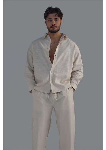 Erkek Keten Basic Oversize Gömlek Krem