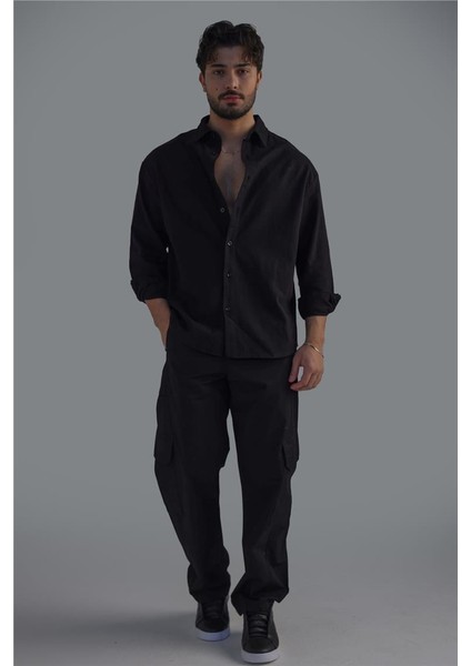 Erkek Keten Basic Oversize Gömlek Siyah