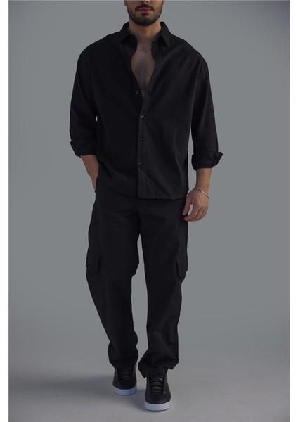 Erkek Keten Basic Oversize Gömlek Siyah