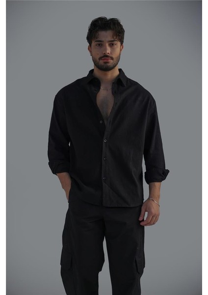 Erkek Keten Basic Oversize Gömlek Siyah