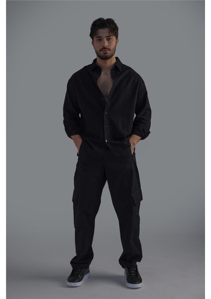 Erkek Keten Basic Oversize Gömlek Siyah