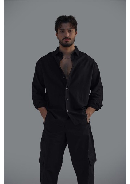 Erkek Keten Basic Oversize Gömlek Siyah