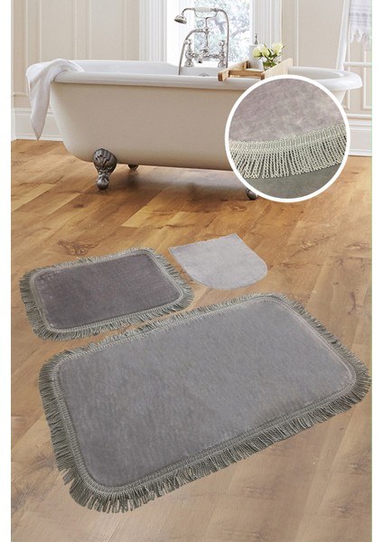 Shareton Köşeli Gri 3'lü Banyo Paspası Seti Burgu Saçaklı Püsküllü Çeyizlik Klozet Takımı