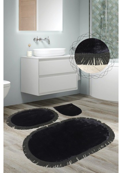 Shareton Oval Siyah 3'lü Burgu Saçaklı Banyo Paspası Seti Püsküllü Klozet Takımı