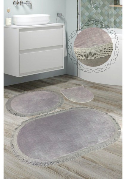 Shareton Oval Gri 3'lü Burgu Saçaklı Banyo Paspası Seti Püsküllü Klozet Takımı