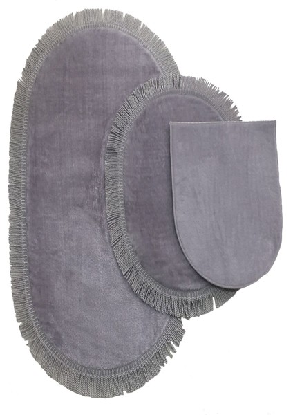 Shareton Oval Gri 3'lü Burgu Saçaklı Banyo Paspası Seti Püsküllü Klozet Takımı indirimleri