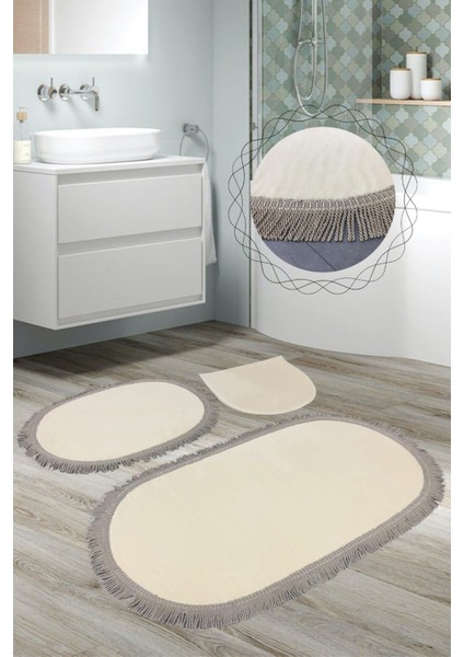 Shareton Oval Vizon 3'lü Burgu Saçaklı Banyo Paspası Seti Püsküllü Klozet Takımı fiyatları