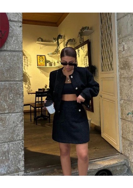 Chanel Crop Ceket-Kısa Etek Takım - Siyah fırsatları