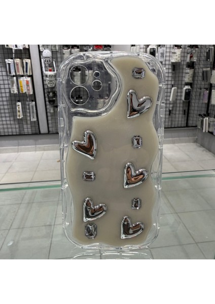 iPhone 12 Uyumlu 3D Kabartmalı Şeffaf Silikon Kılıf Kalp Desenli Kamera Korumalı Kapak