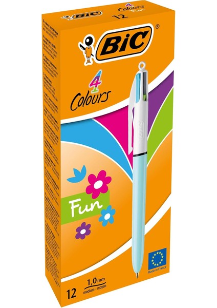 4 Colours Fun Tükenmez Kalem, 12'li Kutu, 1.0mm Uç, Tek Kalemde Pembe, Mor, Turkuaz ve Açık Yeşil Renkler