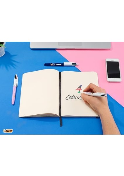4 Colours Fun Tükenmez Kalem, 12'li Kutu, 1.0mm Uç, Tek Kalemde Pembe, Mor, Turkuaz ve Açık Yeşil Renkler