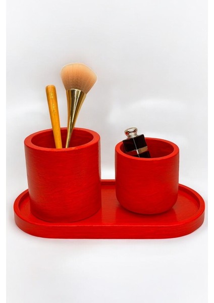 El Yapımı Kırmızı Dekoratif Organizer Set – Makyaj Fırçalık & Takı Kutusu – Şık ve Minimal Tasarım