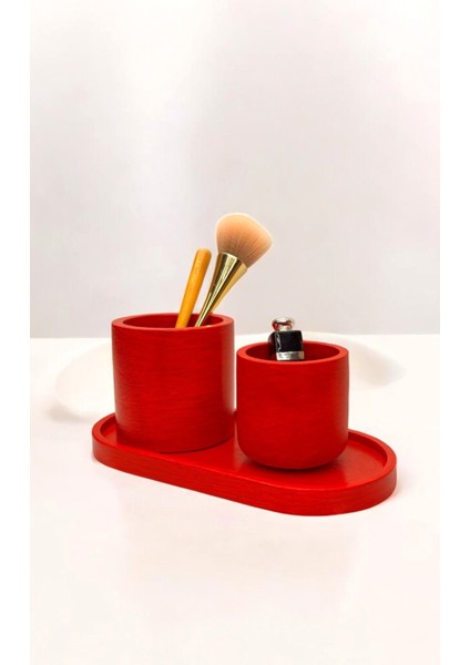 El Yapımı Kırmızı Dekoratif Organizer Set – Makyaj Fırçalık & Takı Kutusu – Şık ve Minimal Tasarım