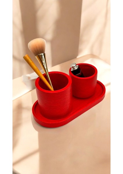 El Yapımı Kırmızı Dekoratif Organizer Set – Makyaj Fırçalık & Takı Kutusu – Şık ve Minimal Tasarım