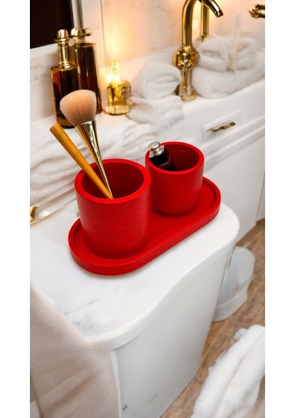 El Yapımı Kırmızı Dekoratif Organizer Set – Makyaj Fırçalık & Takı Kutusu – Şık ve Minimal Tasarım