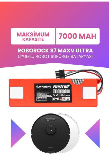 Roborock S7 Maxv Ultra Uyumlu Batarya (MAKSİMUM KAPASİTE) 7000mah Pil Robot Süpürge Batarya Değişimi