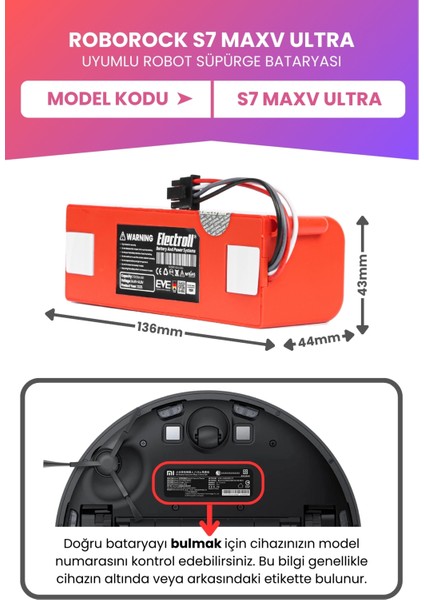 Roborock S7 Maxv Ultra Uyumlu Batarya (MAKSİMUM KAPASİTE) 7000mah Pil Robot Süpürge Batarya Değişimi