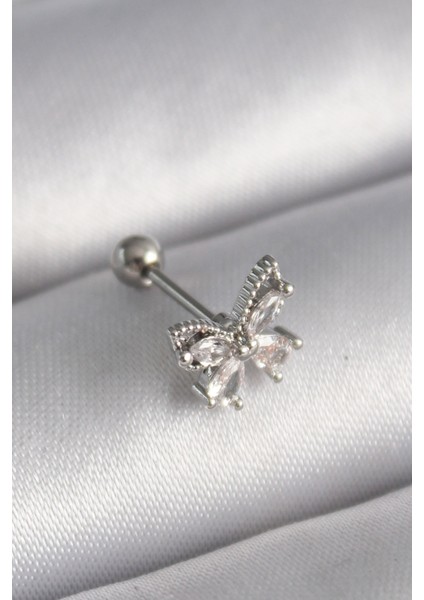 316L Çelik Gümüş Renk Zirkon Taşlı Tragus Piercing