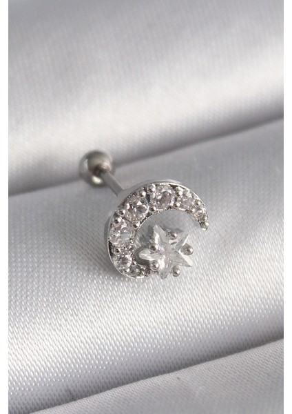 316L Çelik Gümüş Renk Zirkon Taşlı Ay Tragus Piercing