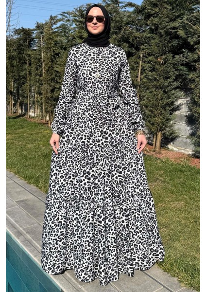 Leopar Desenli Elbise Siyah