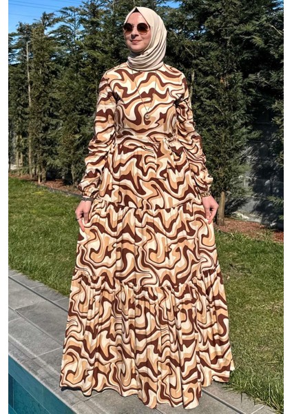 Su Desenli Elbise Kahve