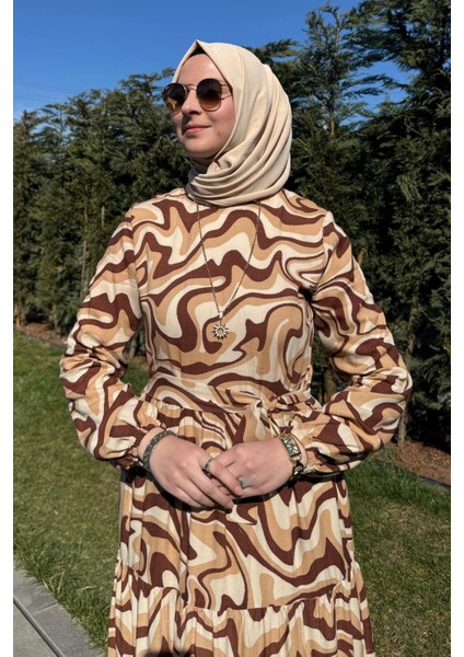 Su Desenli Elbise Kahve