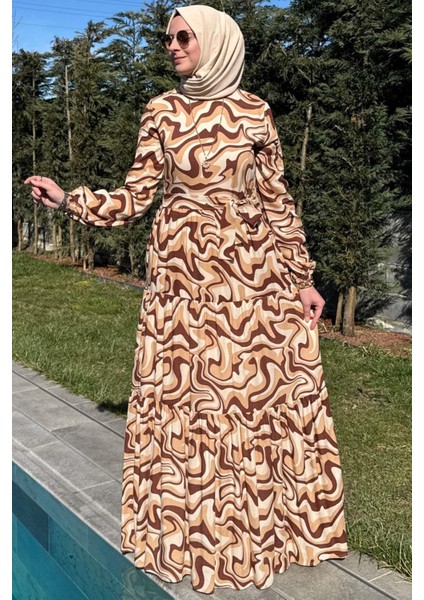 Su Desenli Elbise Kahve