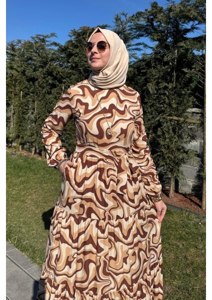 Su Desenli Elbise Kahve