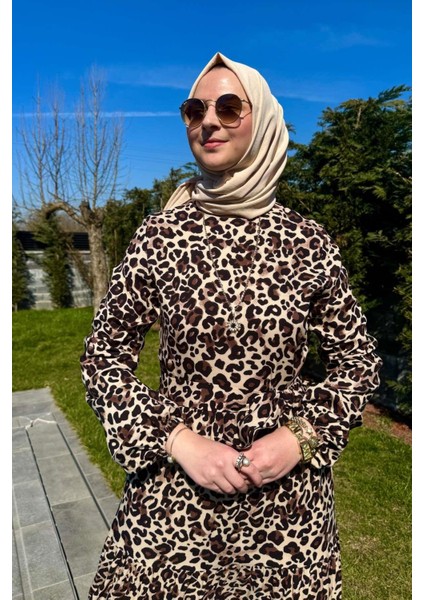 Leopar Desenli Elbise Kahve