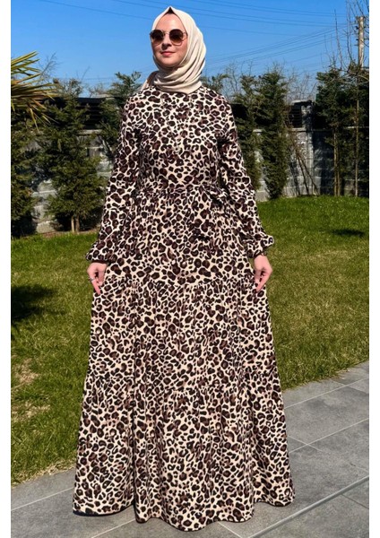 Leopar Desenli Elbise Kahve