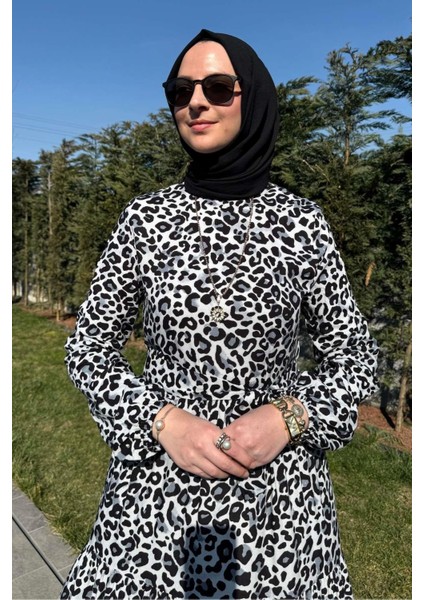 Leopar Desenli Elbise Siyah