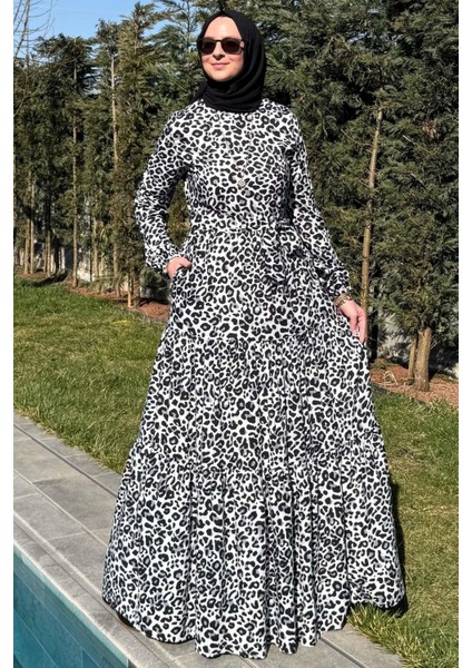 Leopar Desenli Elbise Siyah