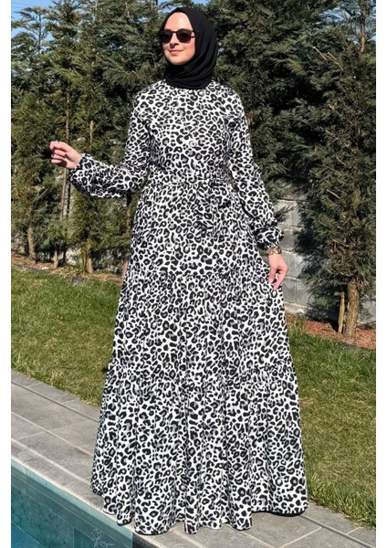 Leopar Desenli Elbise Siyah