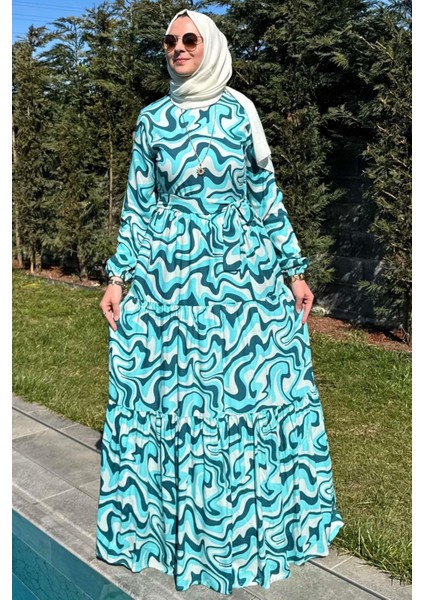 Su Desenli Elbise Turkuaz
