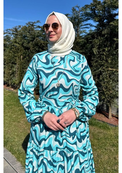 Su Desenli Elbise Turkuaz